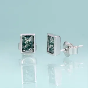 0.53Ct 4x6mm Natural Moss Agate Stud Earrings in 925 Sterling Silver