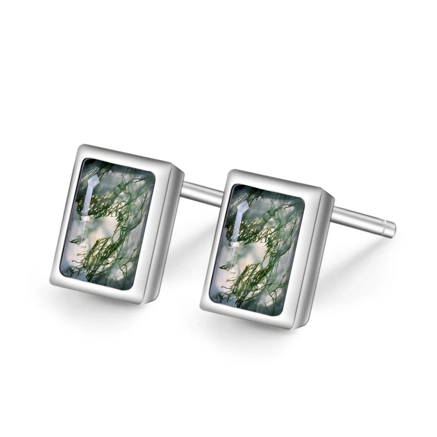 0.53Ct 4x6mm Natural Moss Agate Stud Earrings in 925 Sterling Silver