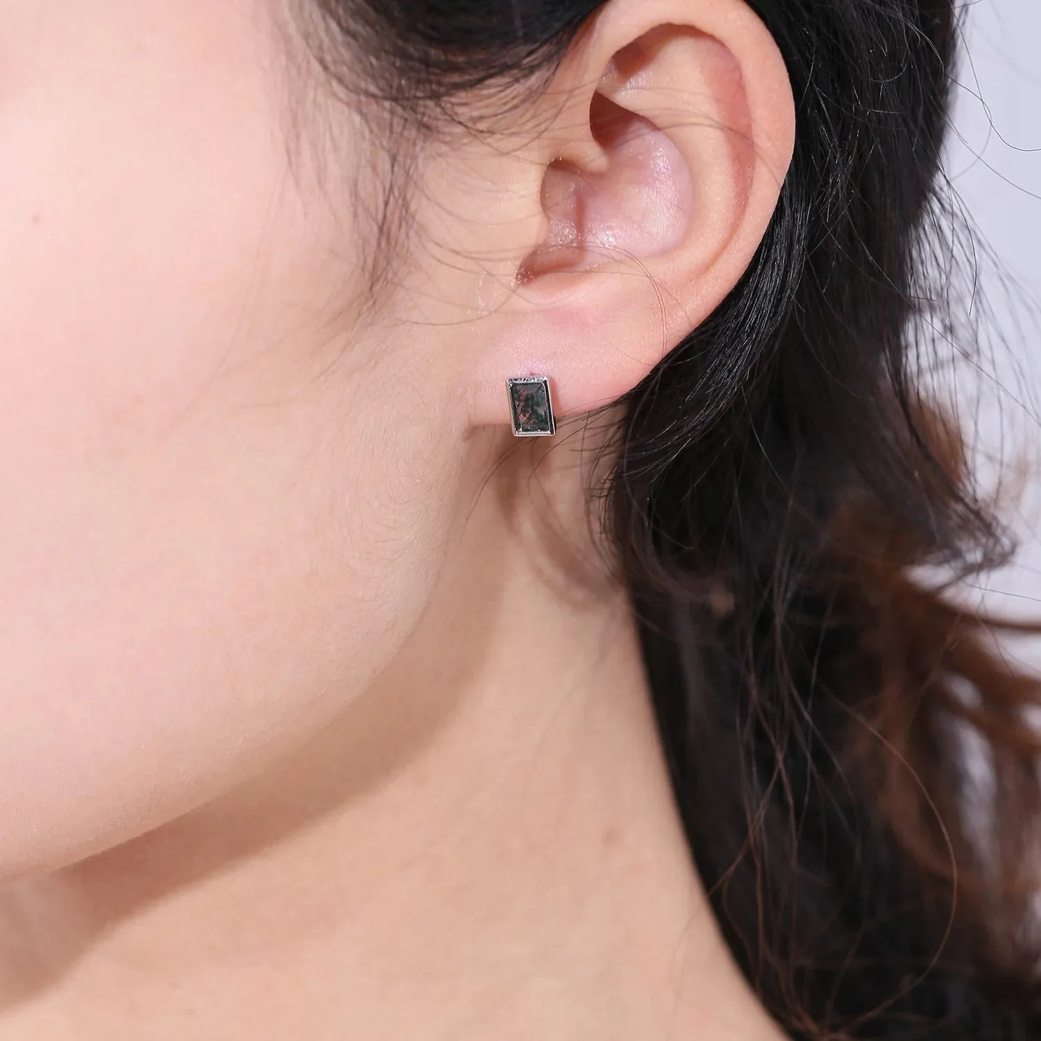 0.53Ct 4x6mm Natural Moss Agate Stud Earrings in 925 Sterling Silver