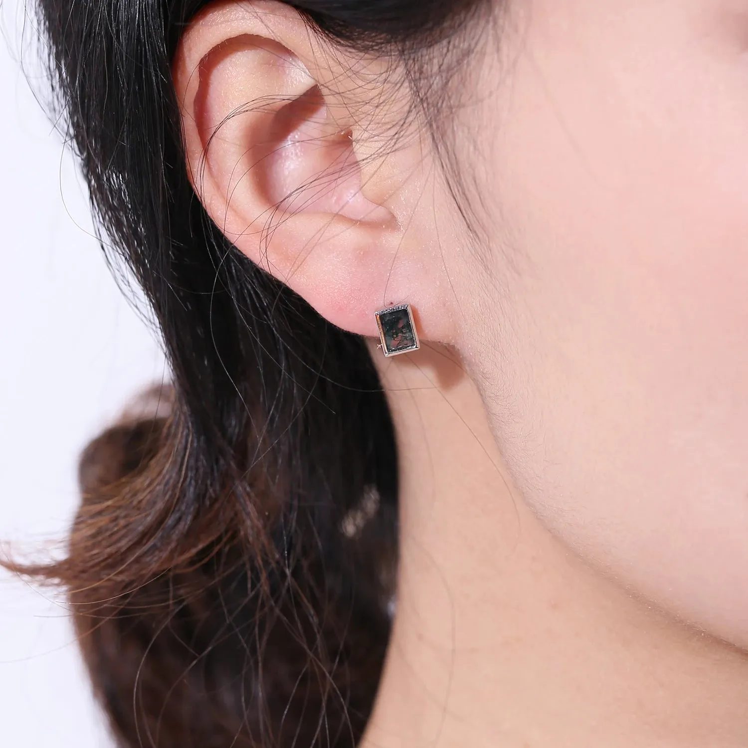 0.53Ct 4x6mm Natural Moss Agate Stud Earrings in 925 Sterling Silver