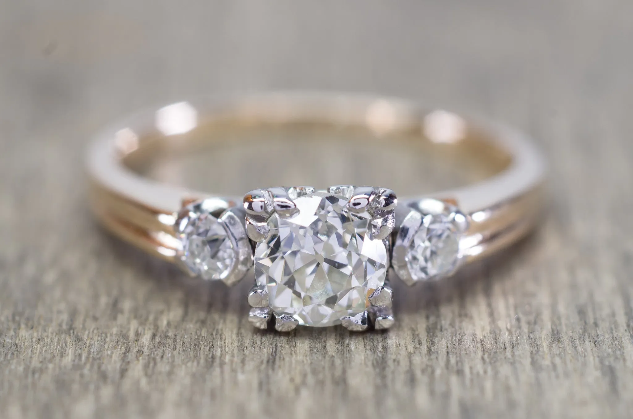 0.81CTW VINTAGE OLD MINE CUT 3 STONE DIAMOND RING