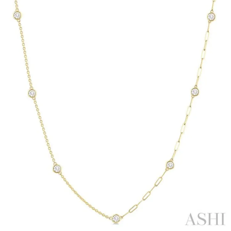 1.00 ctw Bezel Set Round Cut Diamond Dual Chain Design Station Necklace in 14K Yellow Gold