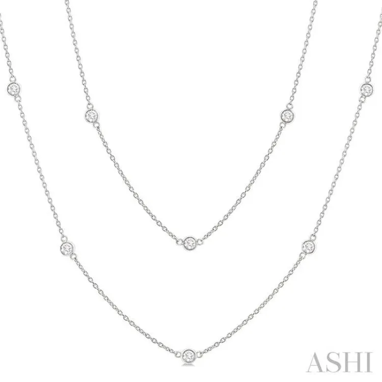 1.00 ctw Bezel Set Round Cut Diamond Station Long Necklace in 14K White Gold
