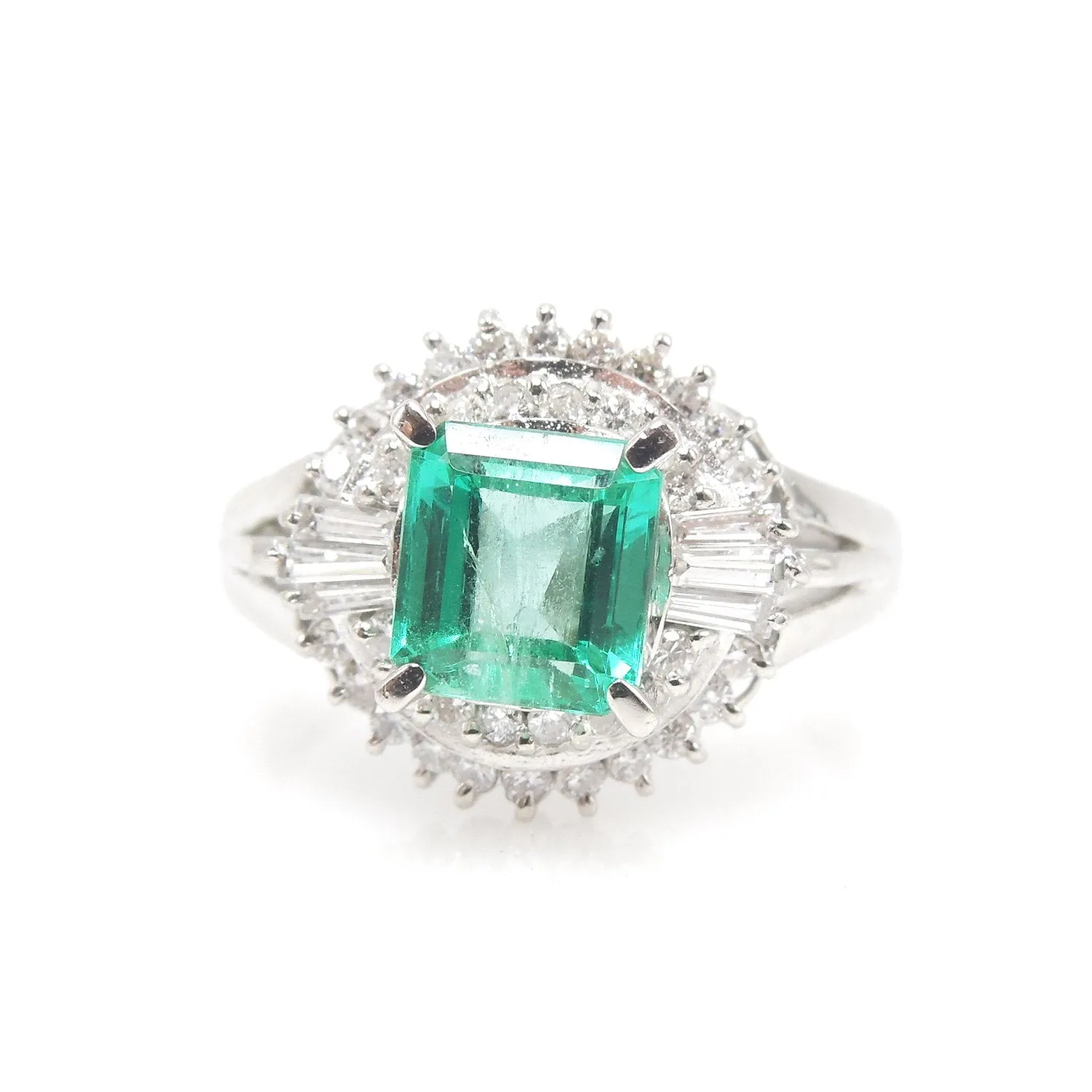 1.04ct Natural Square Step Cut Emerald & Diamonds Platinum Ballerina Ring