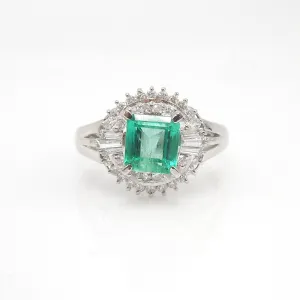 1.04ct Natural Square Step Cut Emerald & Diamonds Platinum Ballerina Ring