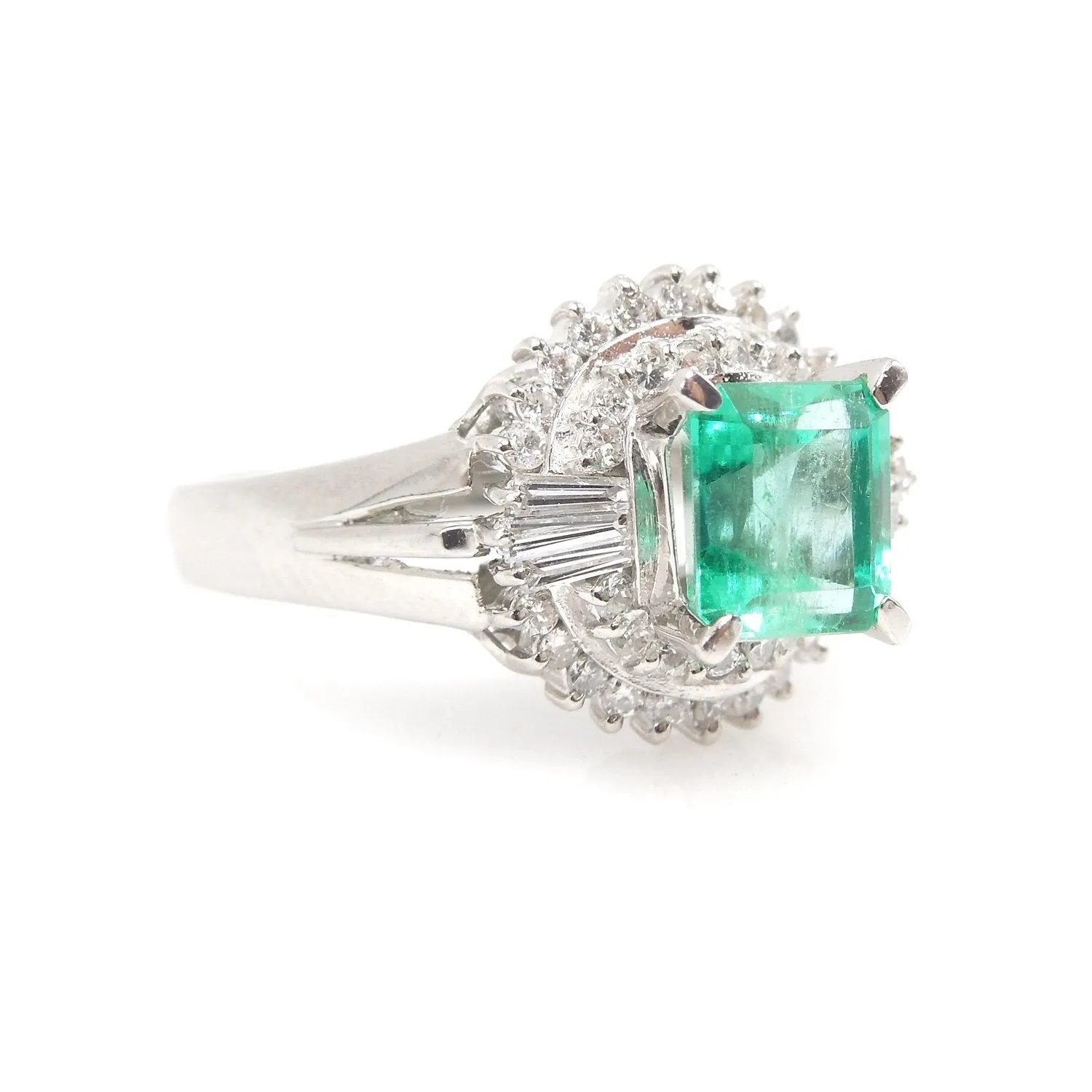 1.04ct Natural Square Step Cut Emerald & Diamonds Platinum Ballerina Ring