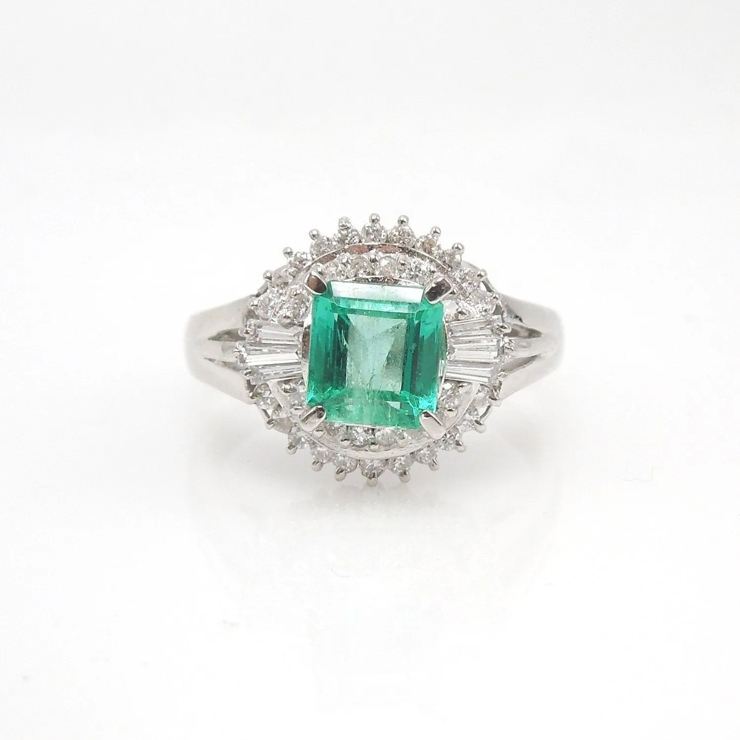 1.04ct Natural Square Step Cut Emerald & Diamonds Platinum Ballerina Ring