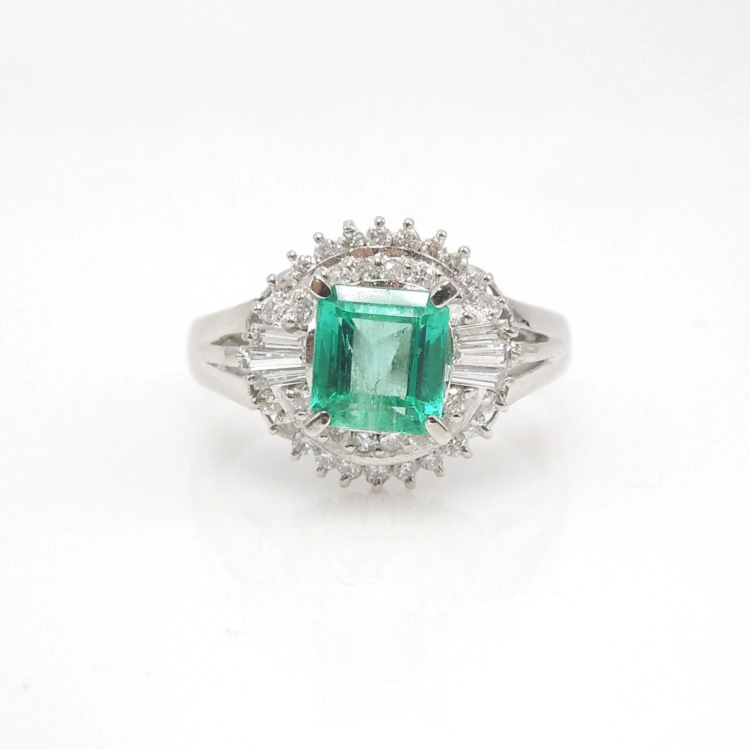 1.04ct Natural Square Step Cut Emerald & Diamonds Platinum Ballerina Ring
