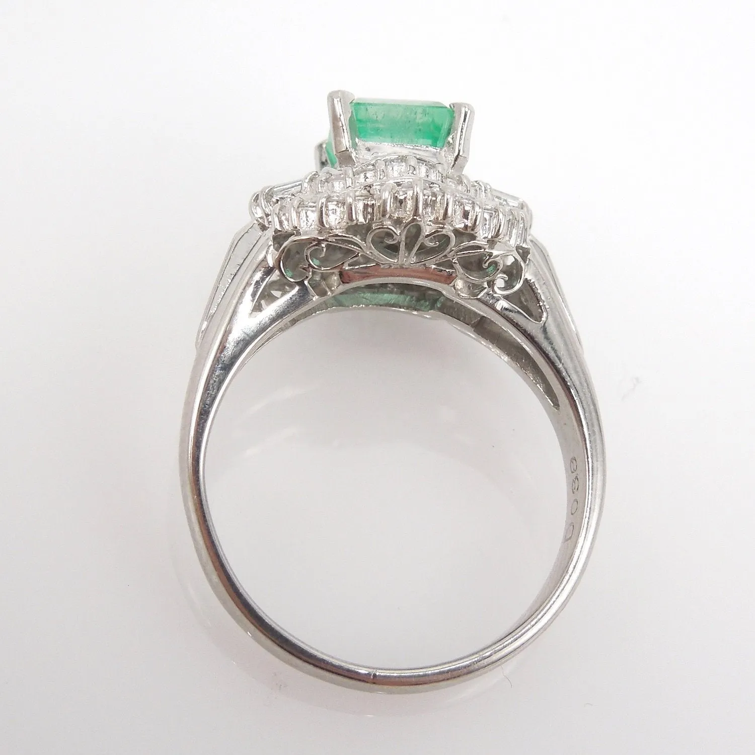 1.04ct Natural Square Step Cut Emerald & Diamonds Platinum Ballerina Ring