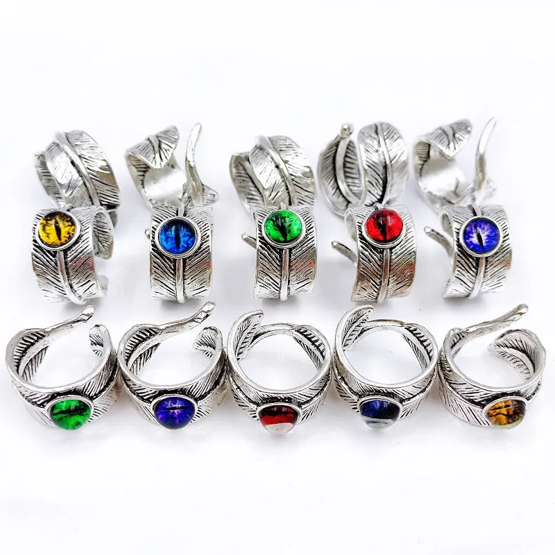 10Pcs Assorted Gothic Punk Leaf Devil's Eye Rings For Men