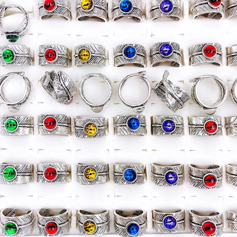 10Pcs Assorted Gothic Punk Leaf Devil's Eye Rings For Men