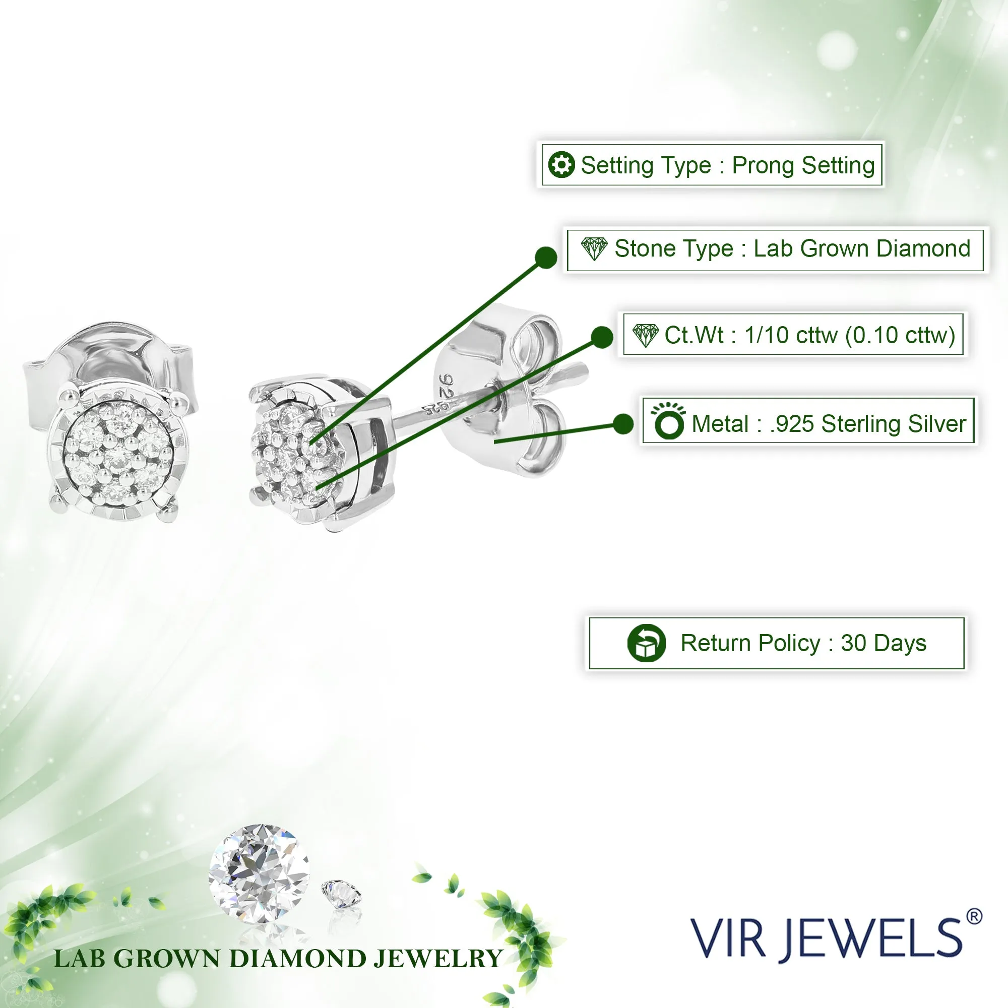 1/10 cttw Diamond Composite Stud Earrings in .925 Sterling Silver