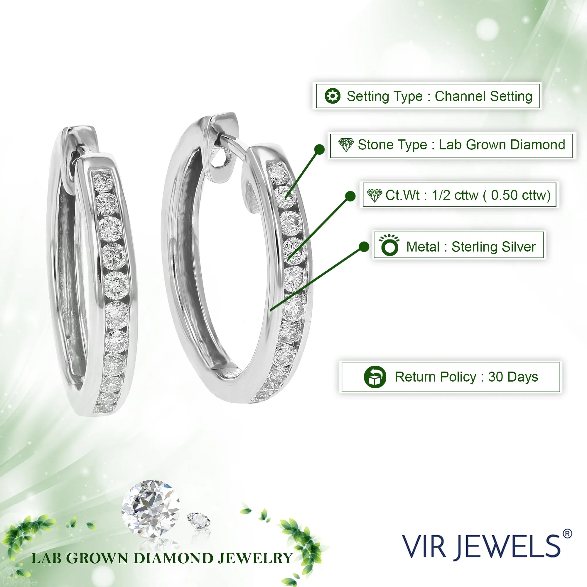 1/2 cttw Lab Grown Diamond Channel Hoop Earrings in Sterling Silver