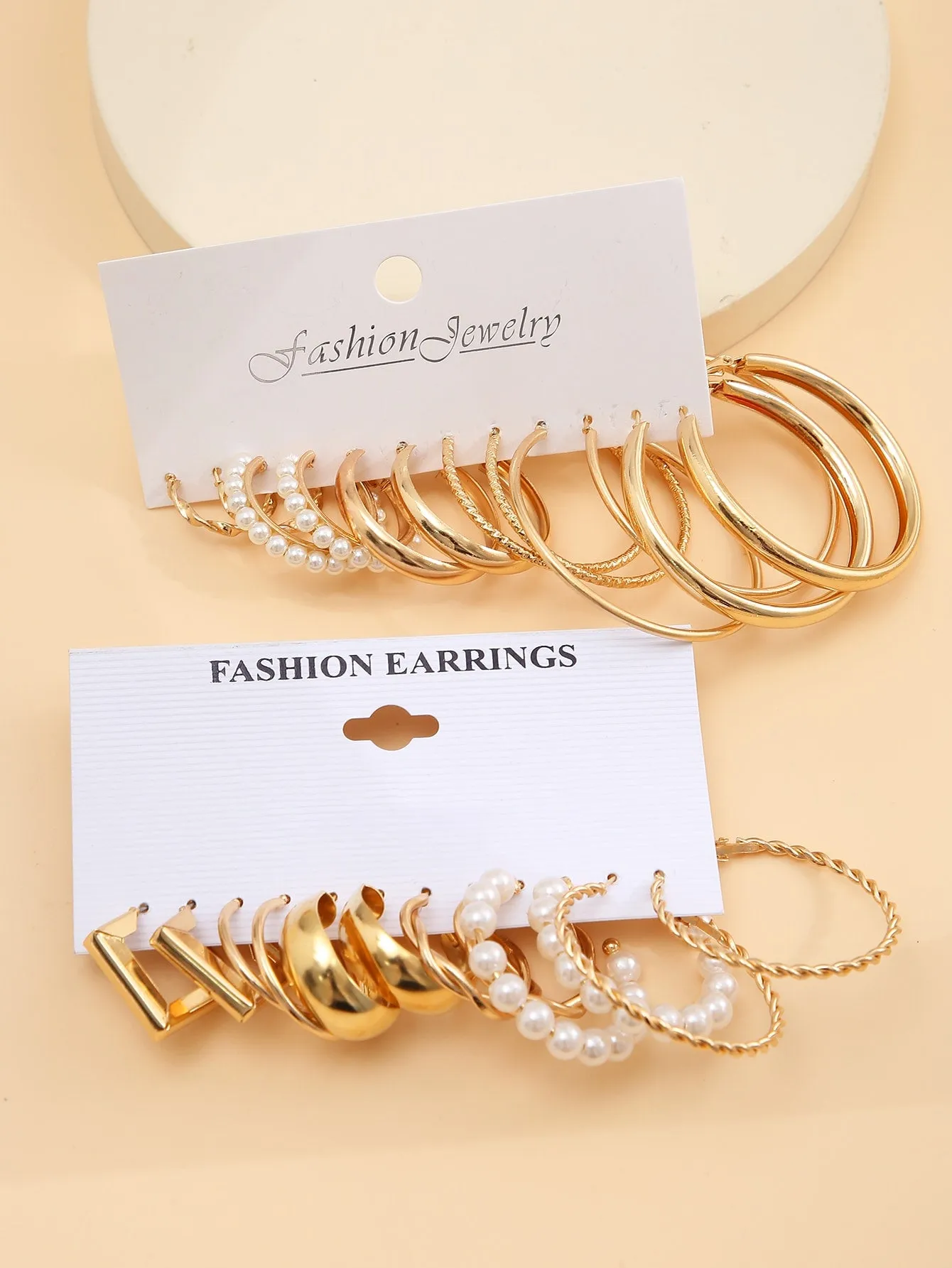 12pairs Faux Pearl Decor Twist Design Hoop Earrings - Gold