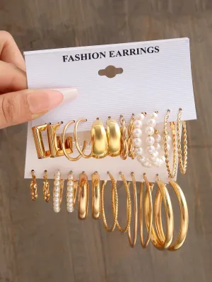 12pairs Faux Pearl Decor Twist Design Hoop Earrings - Gold