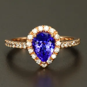 14K Rose Gold Pear Shape Tanzanite with Diamond Halo 1.29 Carats
