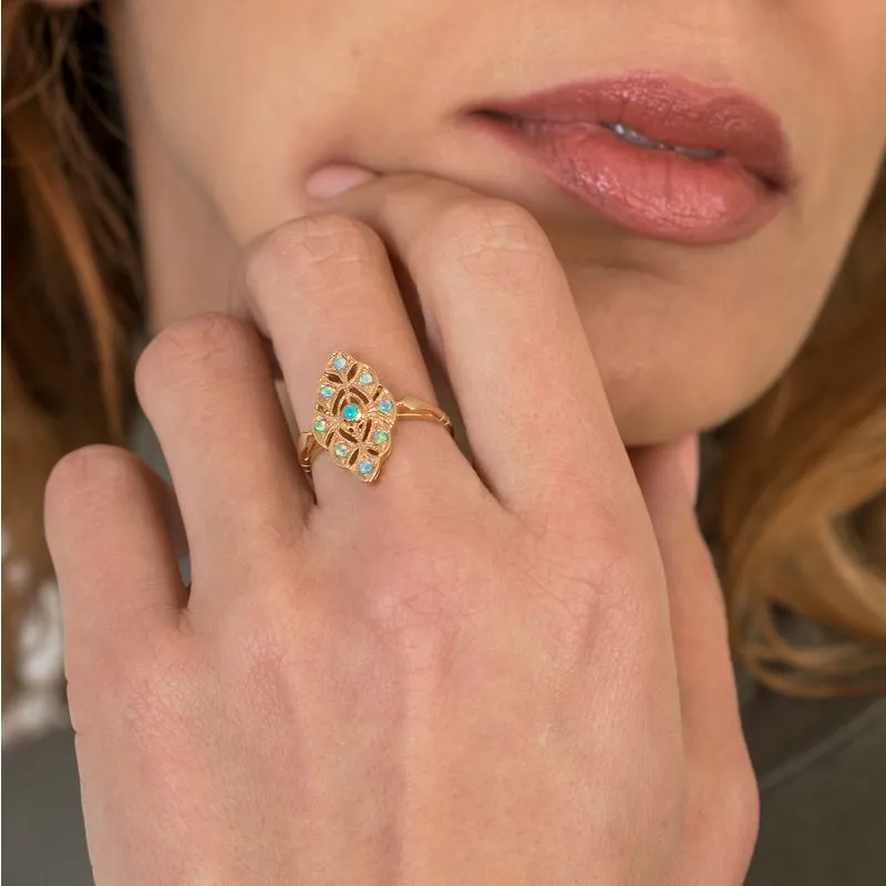 14K Rose Gold Rhombus Blue Opal 2mm Ring