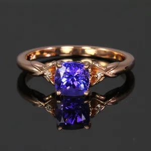 14K Rose Gold Sqaure Cushion Cut Tanzanite and Diamond Ring  1.18 Carats