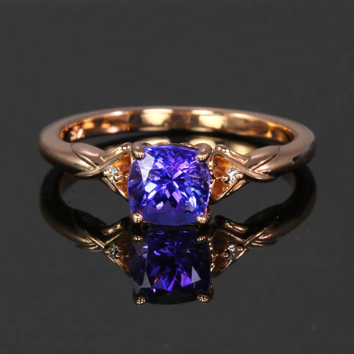 14K Rose Gold Sqaure Cushion Cut Tanzanite and Diamond Ring  1.18 Carats