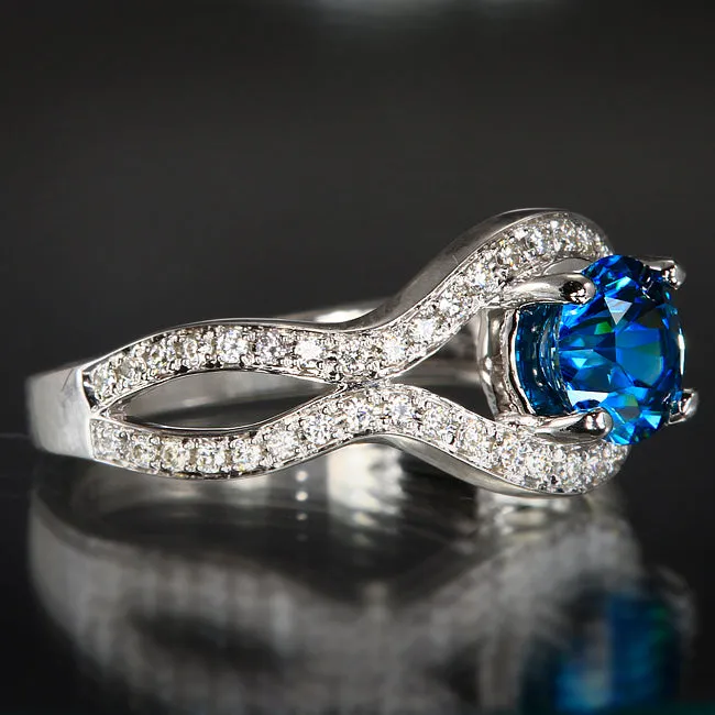 14K White Gold Blue Zircon and Diamond Ring 1.53 Carats