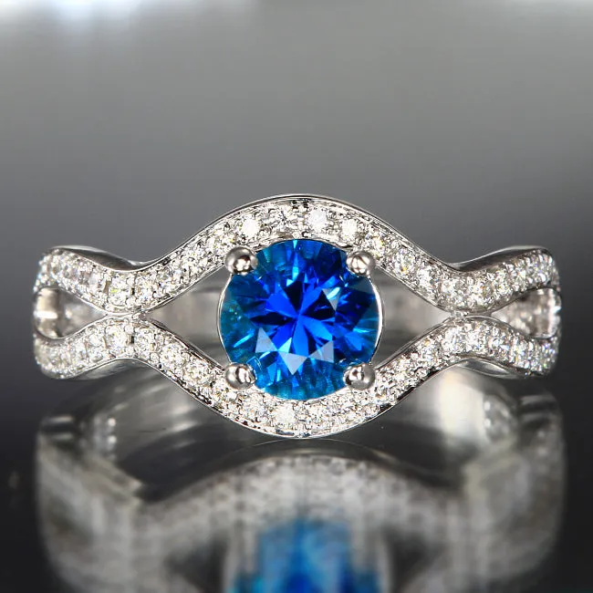 14K White Gold Blue Zircon and Diamond Ring 1.53 Carats