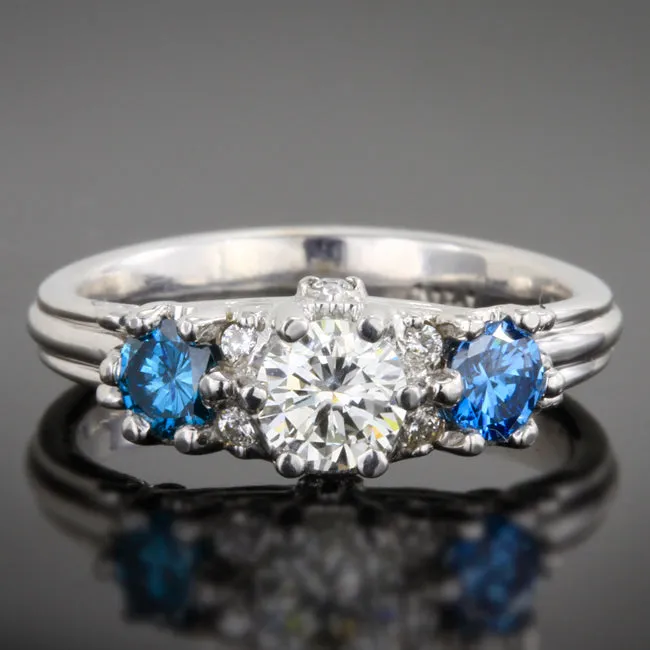 14K White Gold Diamond Three Stone Ring With White and Enhanced Blue Diamonds