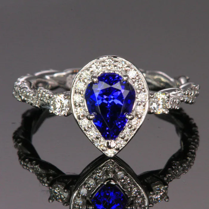 14K White Gold Pear Shape Tanzanite and Diamond Ring 1.19 Carats Designed by Christopher Michael