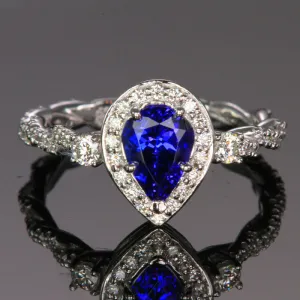 14K White Gold Pear Shape Tanzanite and Diamond Ring 1.19 Carats Designed by Christopher Michael