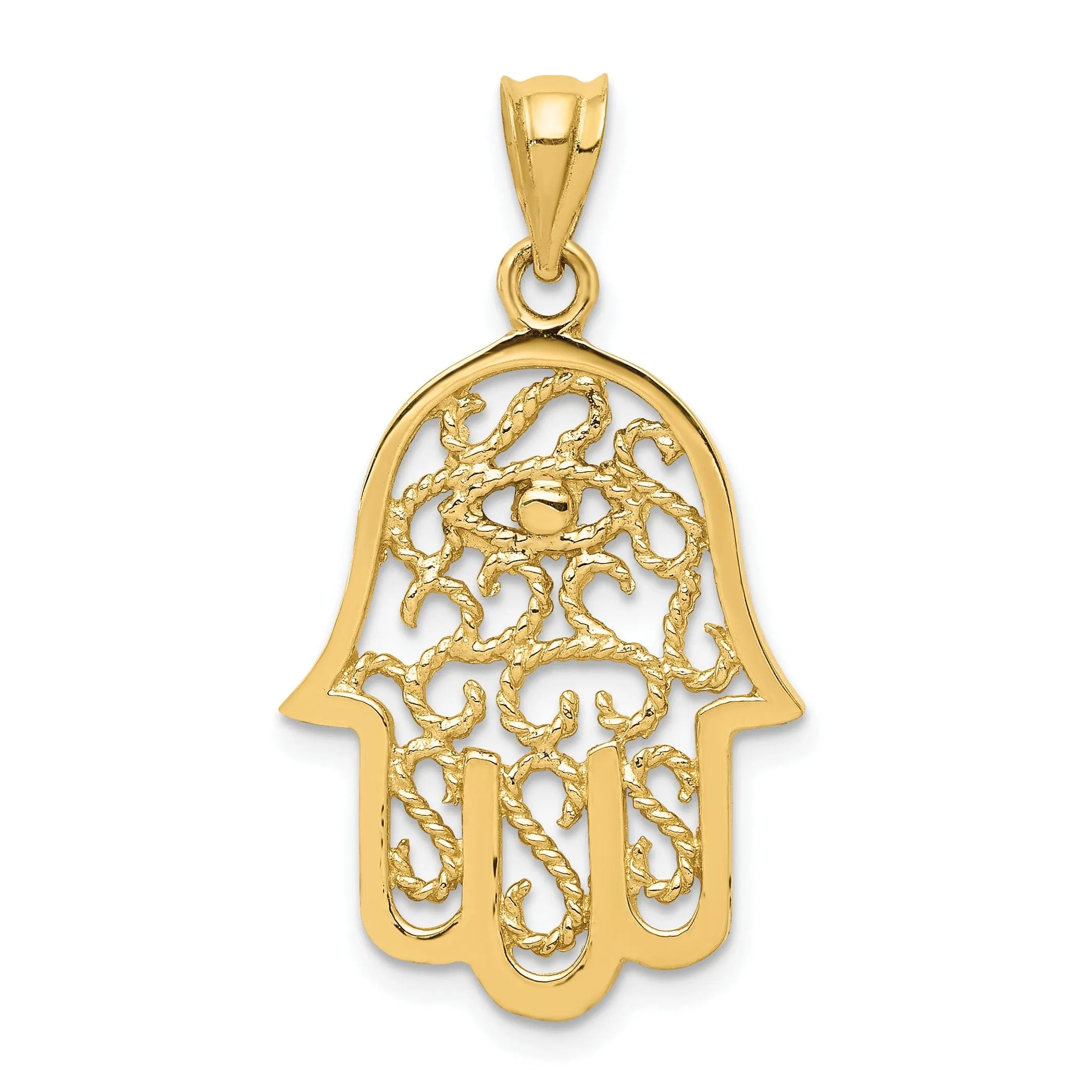 14k Yellow Gold Polish Texture Finish Solid 3-D Filigree Hamsa Pendant