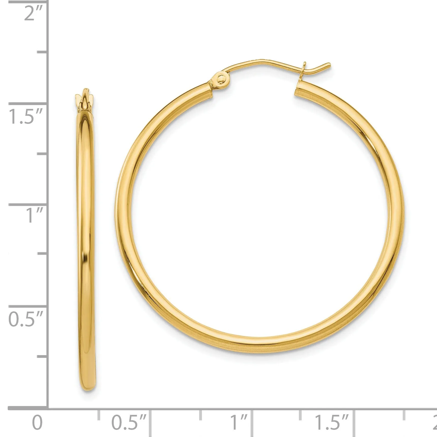 14k Yellow Gold Polished 2MM Round Hoop Earrings