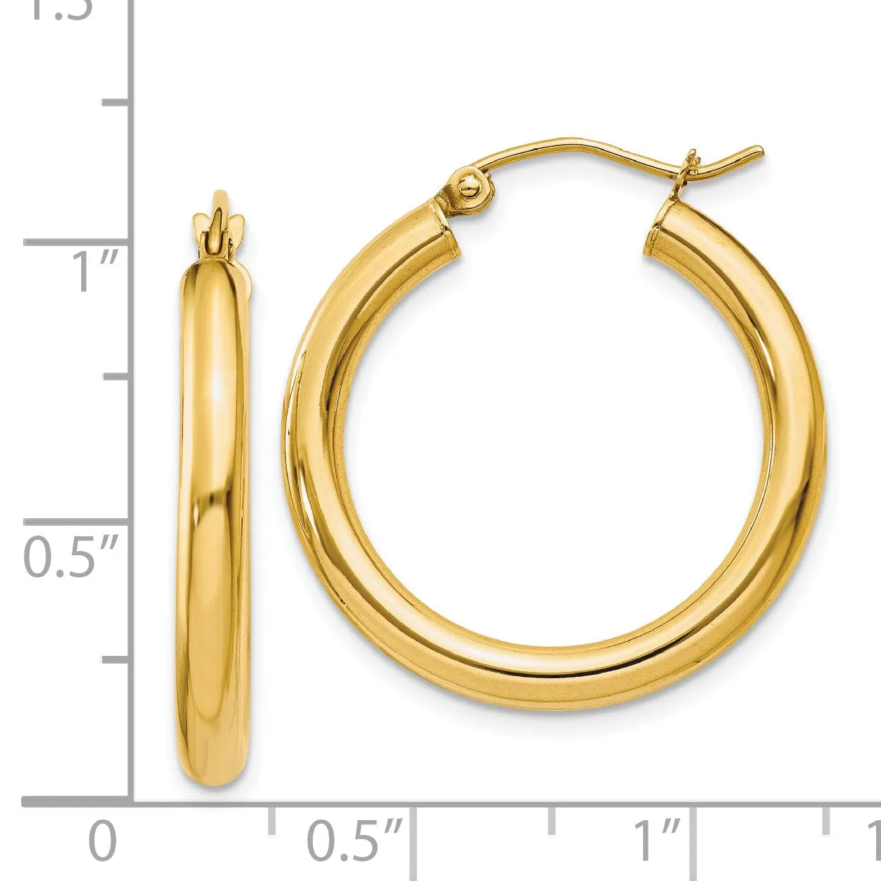 14k Yellow Gold Polished 3MM Round Hoop Earrings