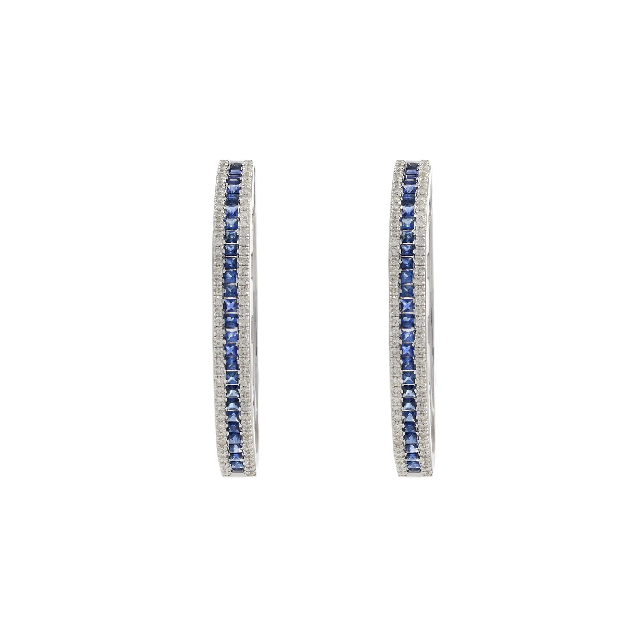 14KT White Gold Blue Sapphire and Diamond Oval Hoop Earrings