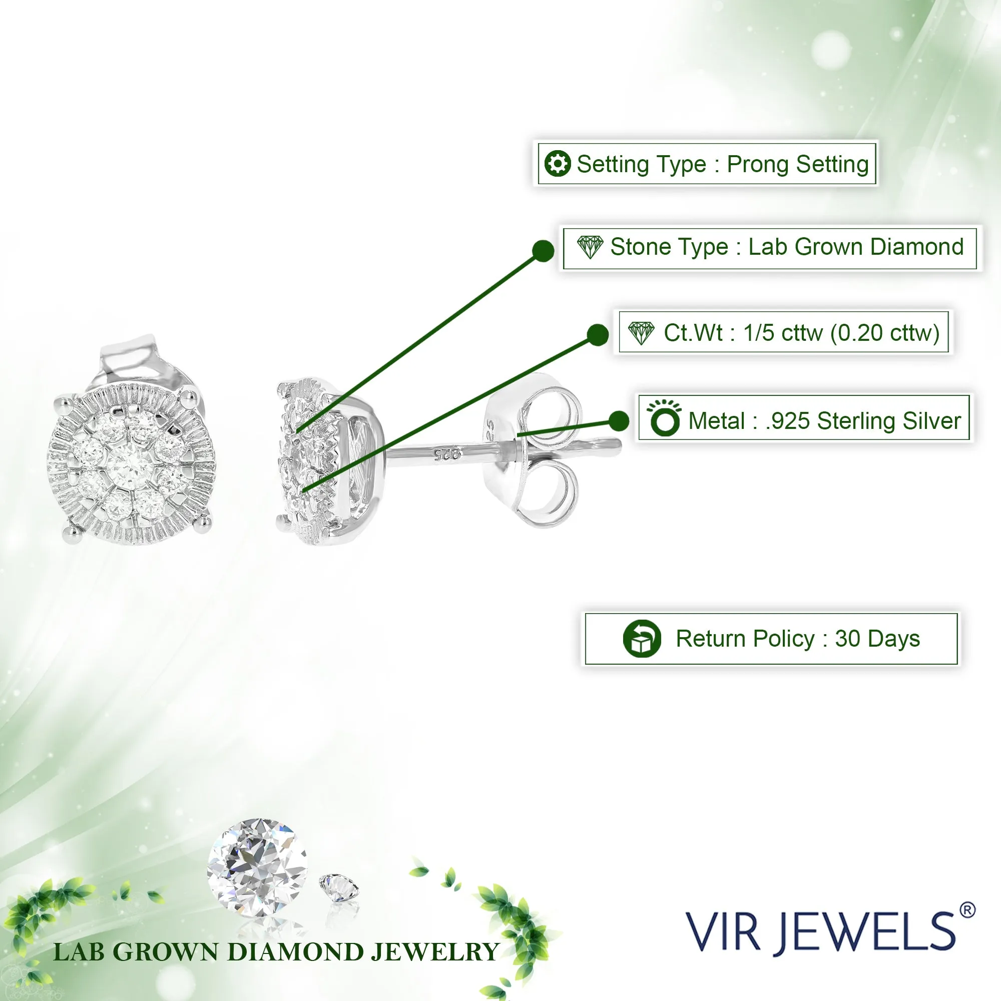 1/5 cttw Lab Grown Diamond Classic Stud Earrings Sterling Silver