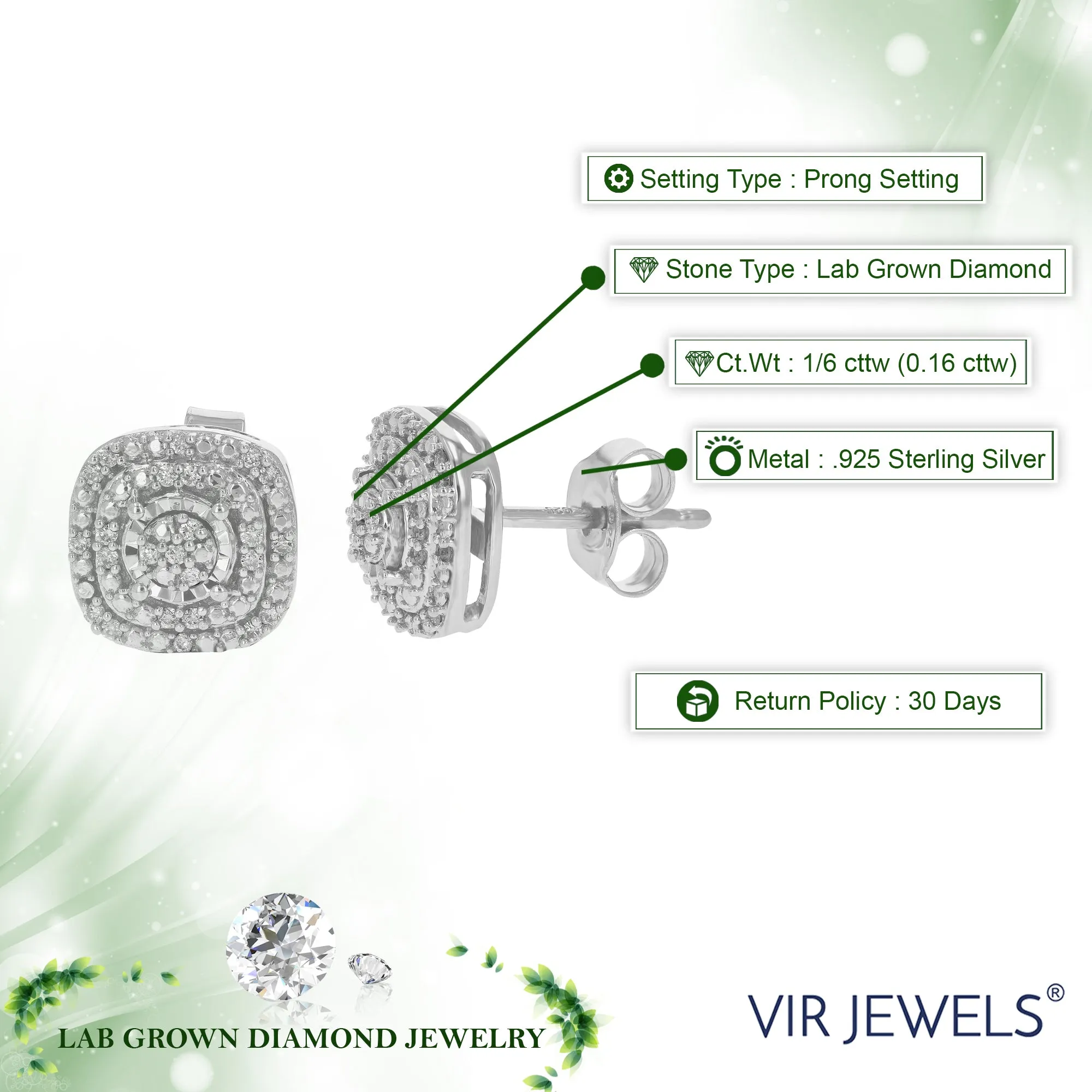 1/6 cttw Cushion Composite Diamond Stud Earrings in Sterling Silver