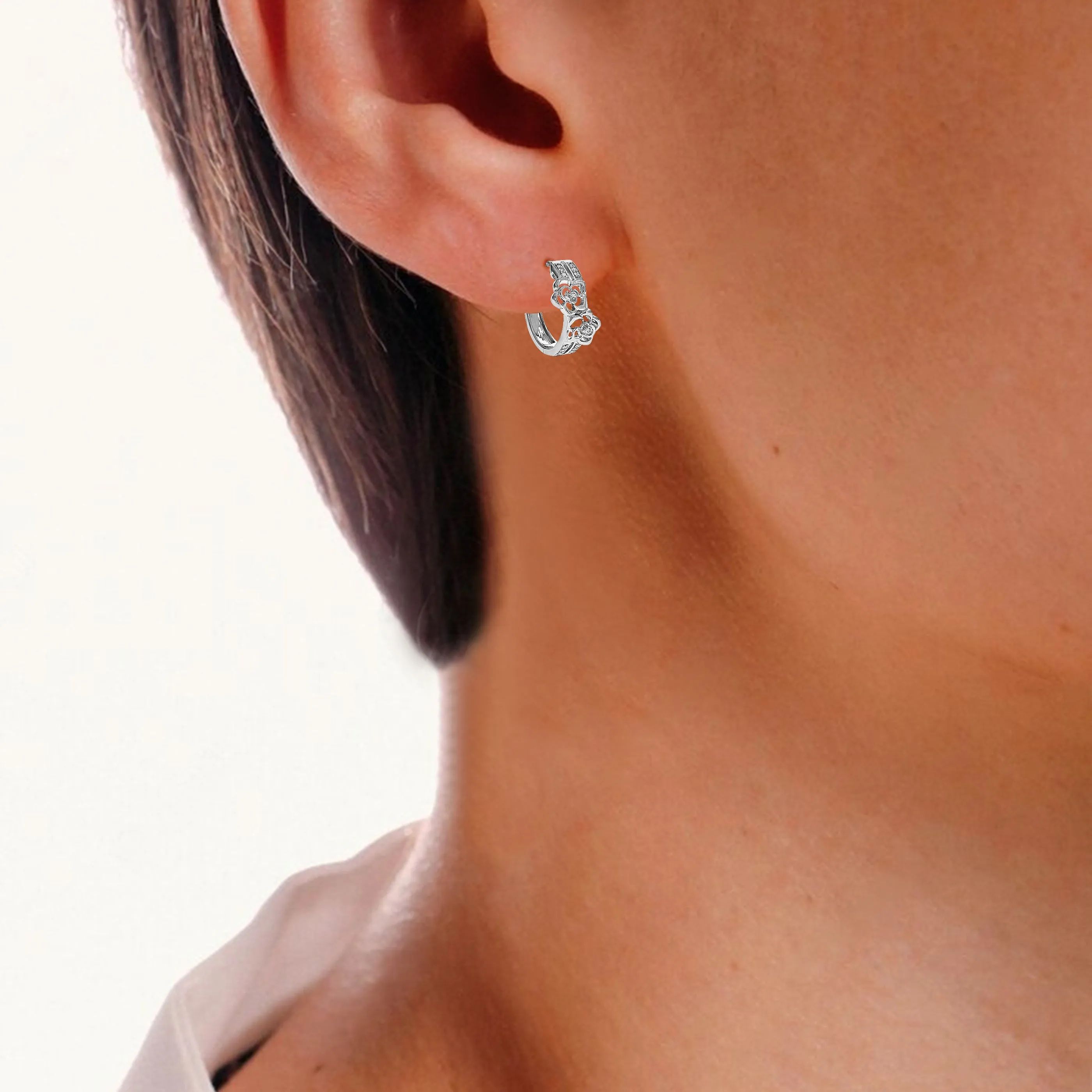 1/6 cttw Lab Grown Diamond Flower Hoop Earrings in Sterling Silver