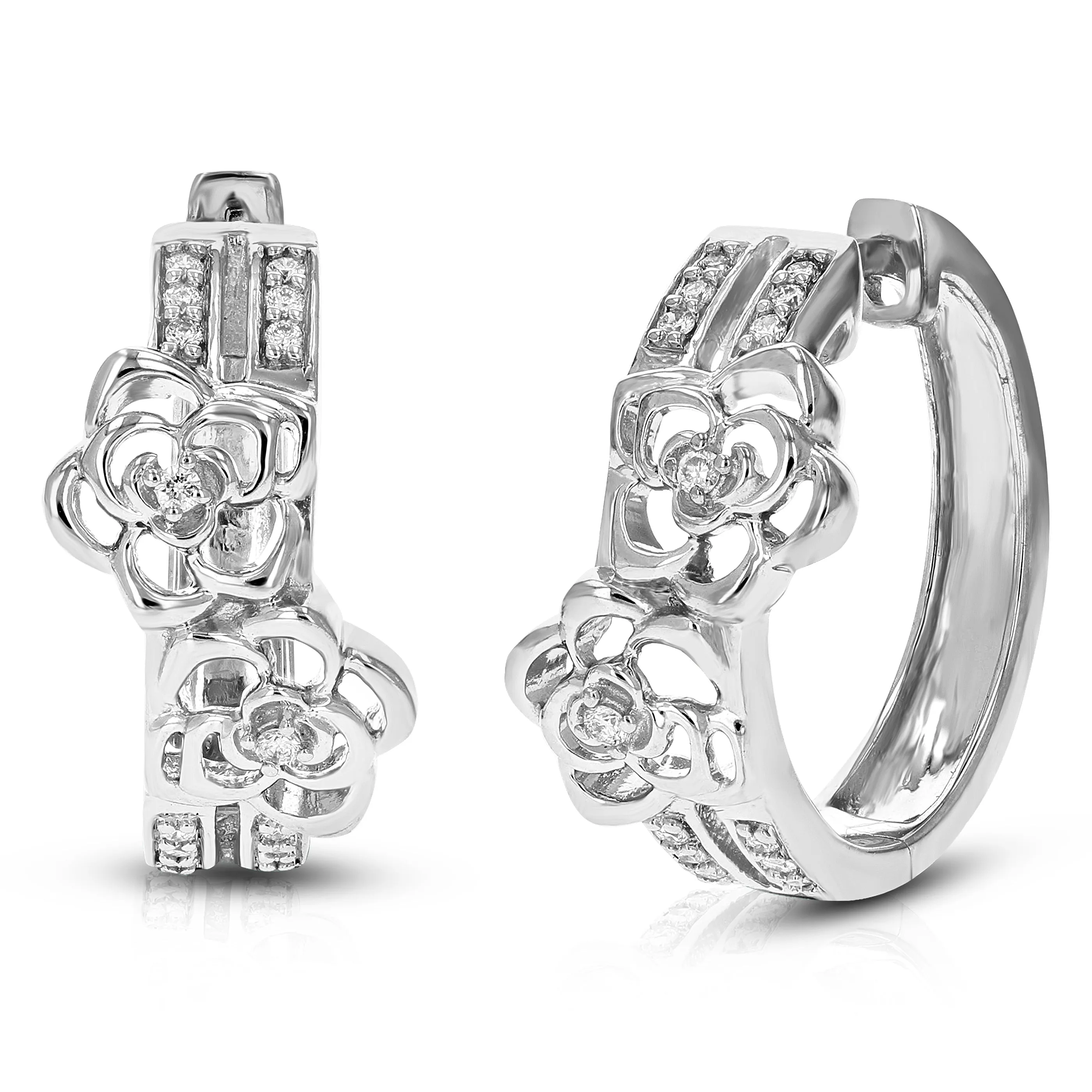 1/6 cttw Lab Grown Diamond Flower Hoop Earrings in Sterling Silver