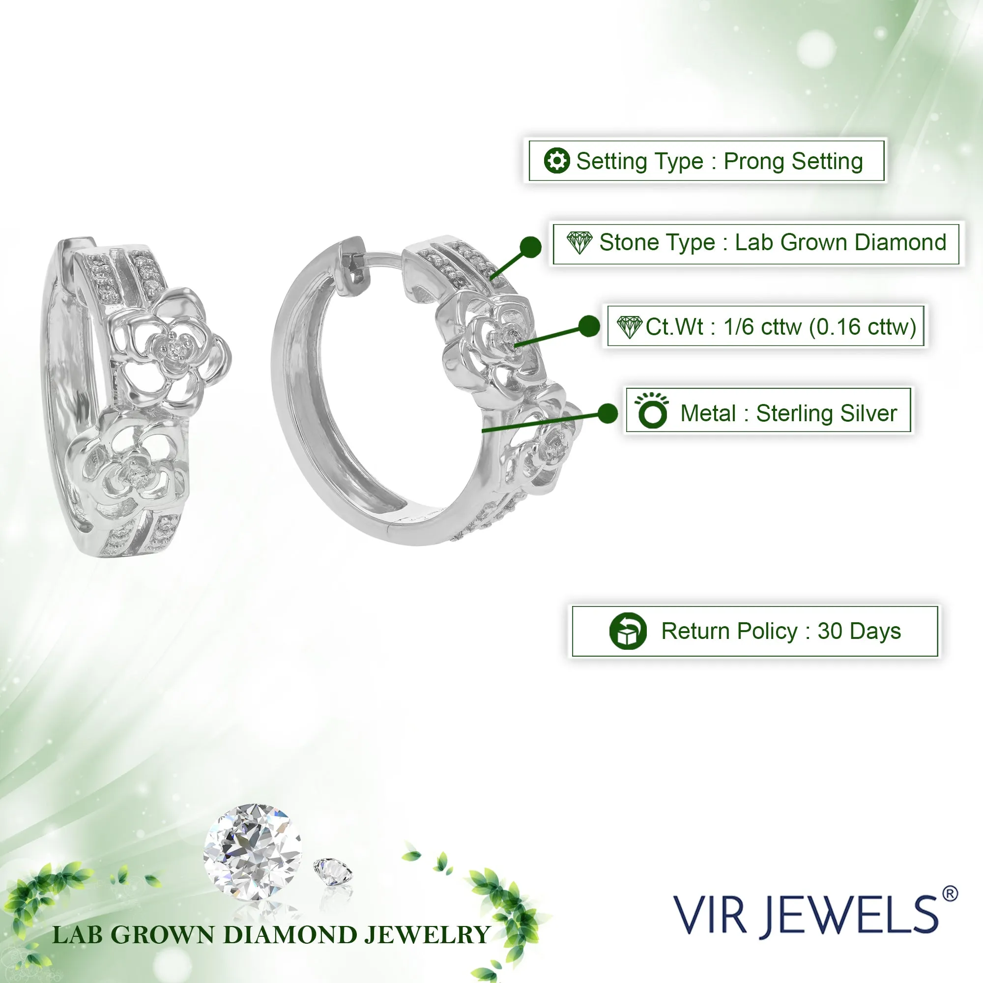 1/6 cttw Lab Grown Diamond Flower Hoop Earrings in Sterling Silver
