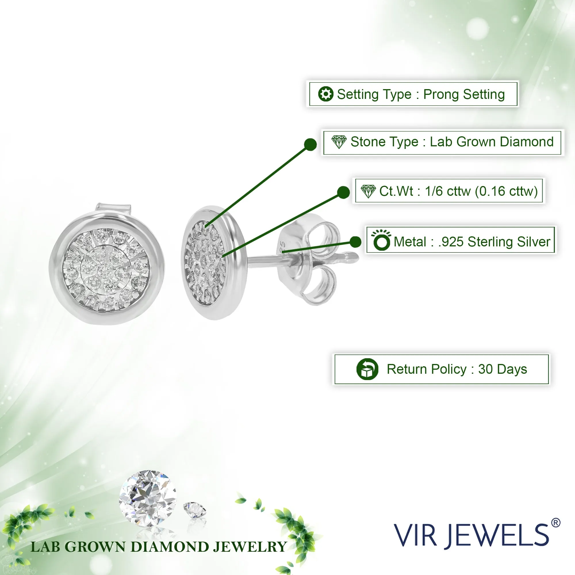 1/6 cttw Lab Grown Diamond Stud Earrings in .925 Sterling Silver