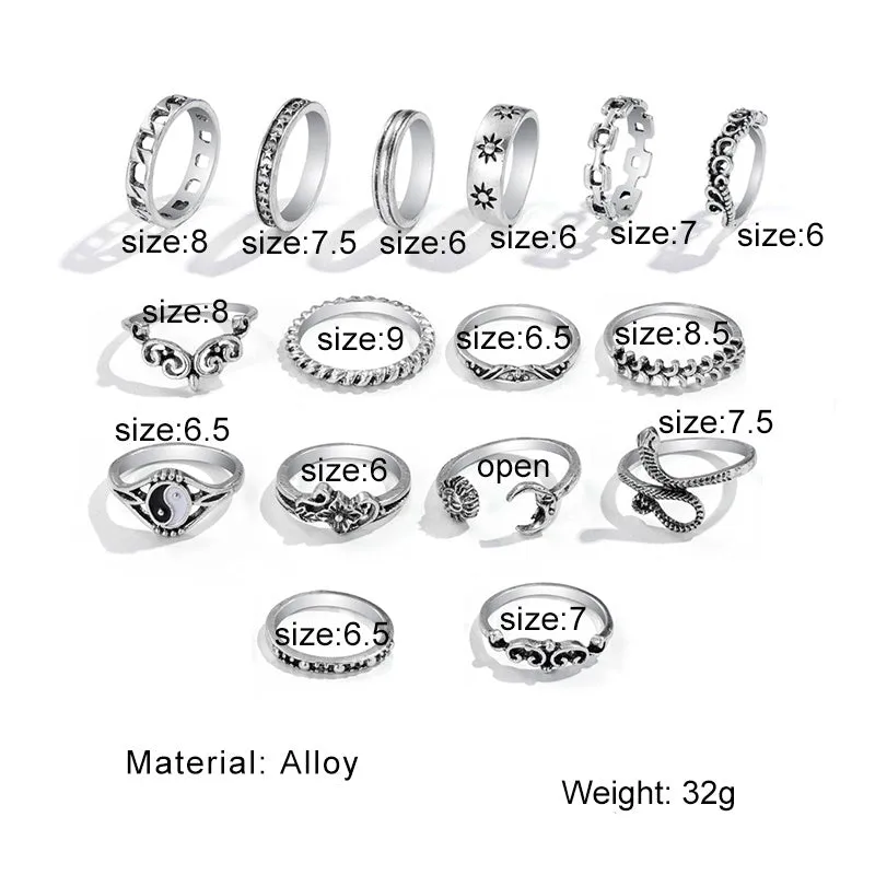 16pcs Hollow Vintage Geometric Snake Ring Set for Halloween