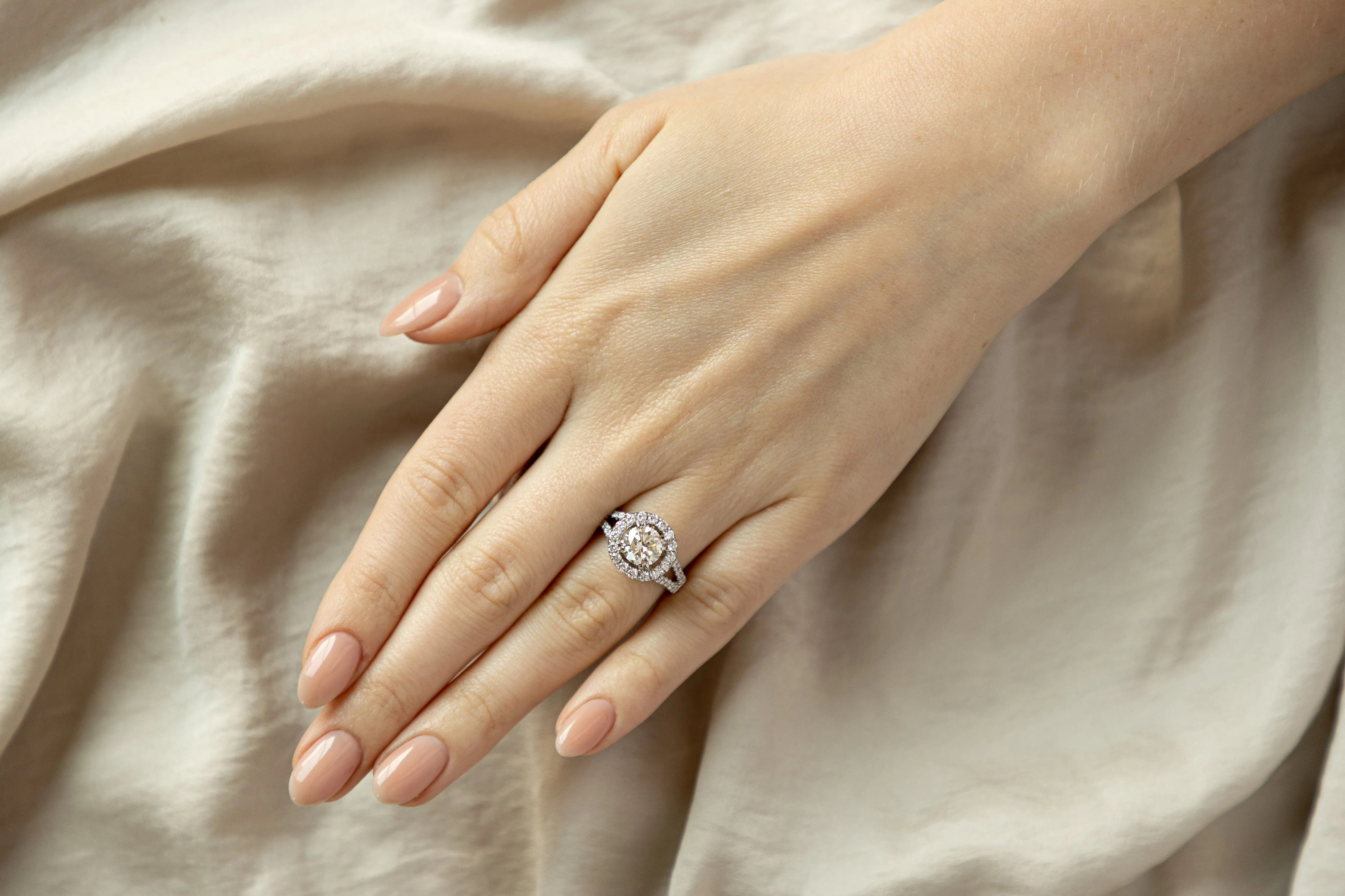 1.72 Carat Round Brilliant Diamond Halo Engagement Ring in 18K White Gold GIA Certified