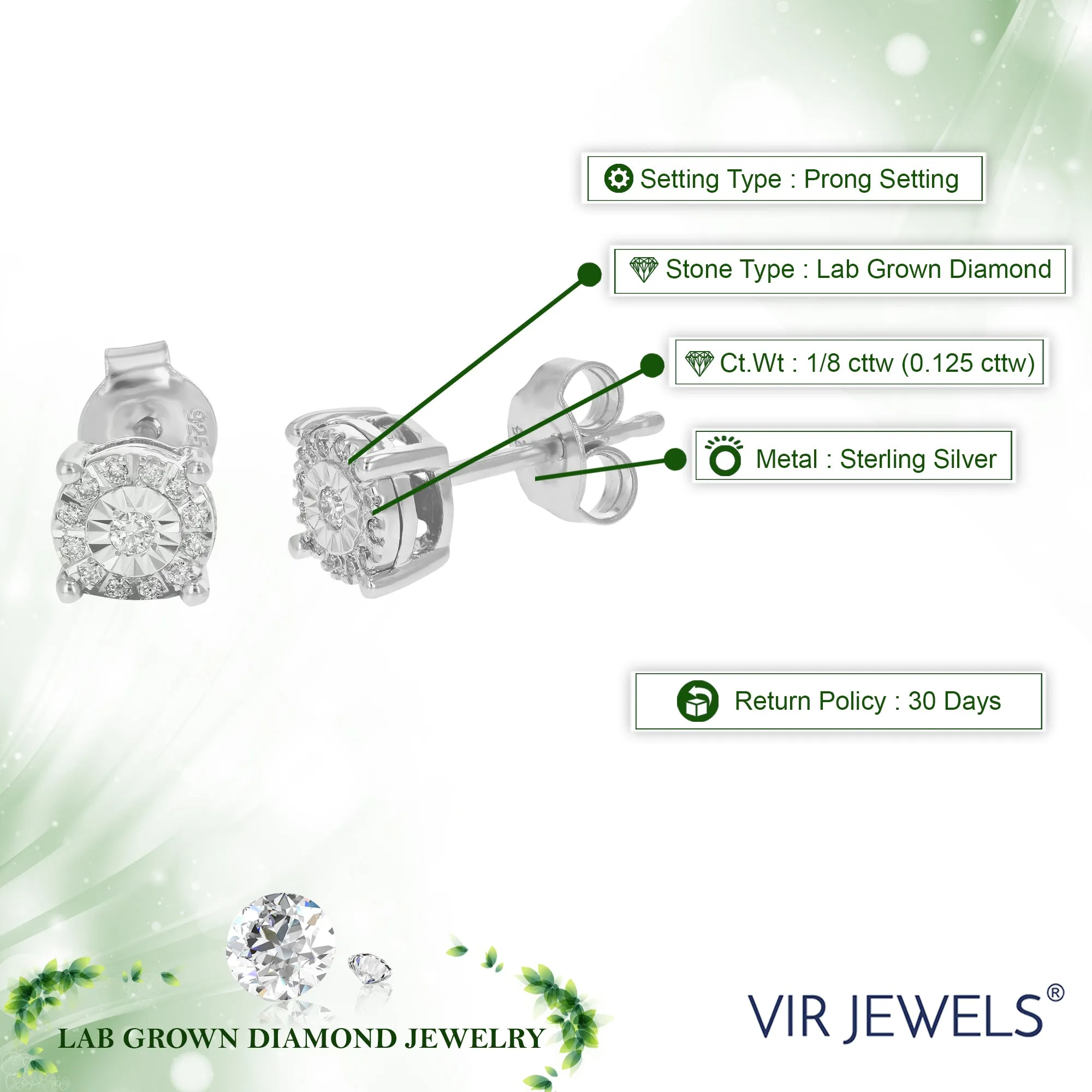 1/8 cttw Composite Diamond Stud Earrings in .925 Sterling Silver
