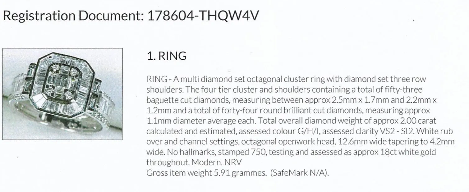 18ct White Gold & 2.00ct Baguette Cut Diamond Halo Cluster Engagement Ring