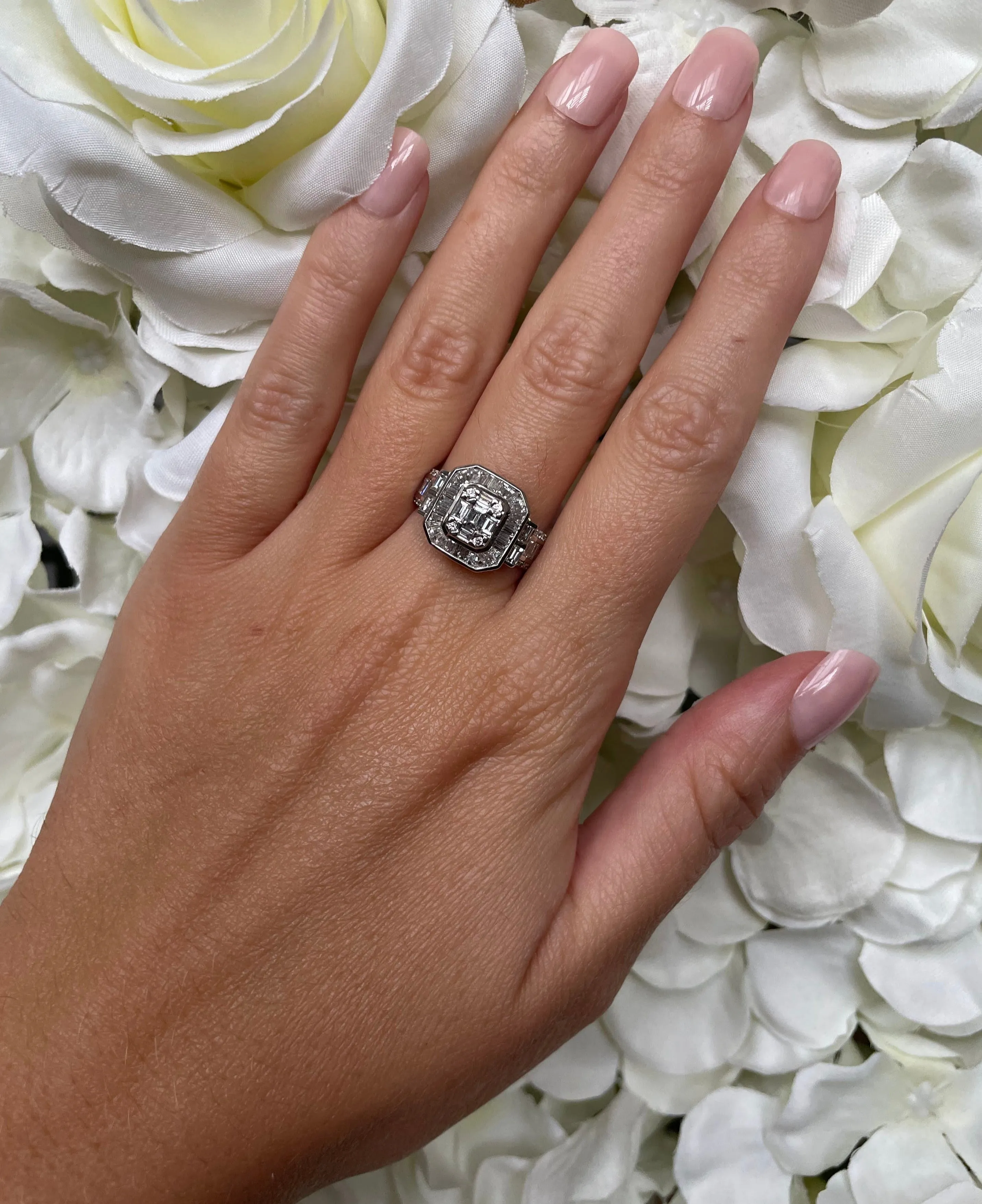 18ct White Gold & 2.00ct Baguette Cut Diamond Halo Cluster Engagement Ring