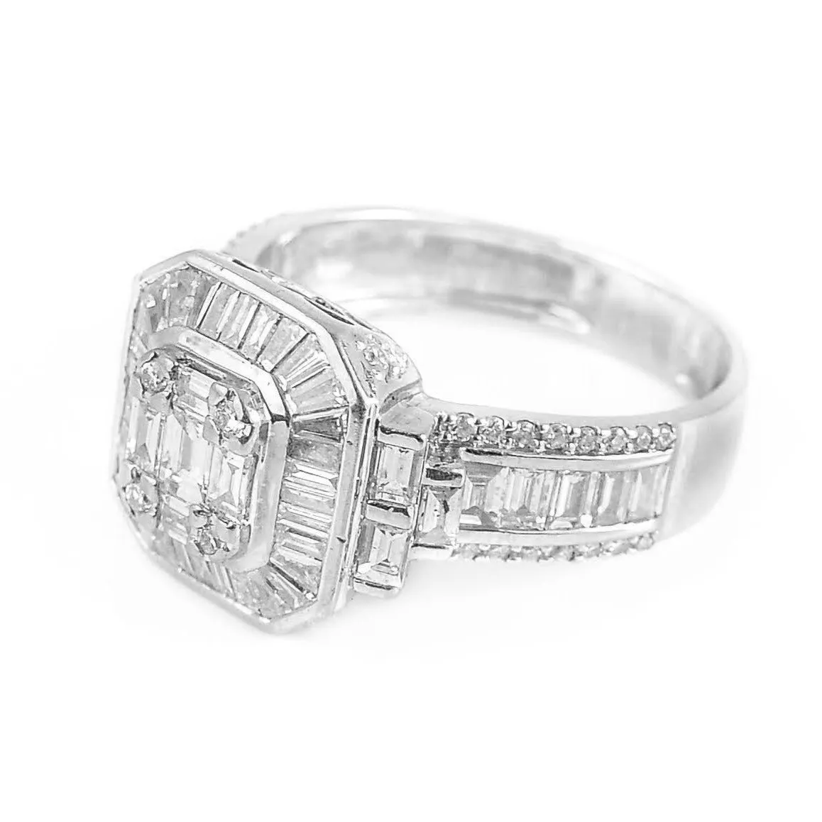 18ct White Gold & 2.00ct Baguette Cut Diamond Halo Cluster Engagement Ring