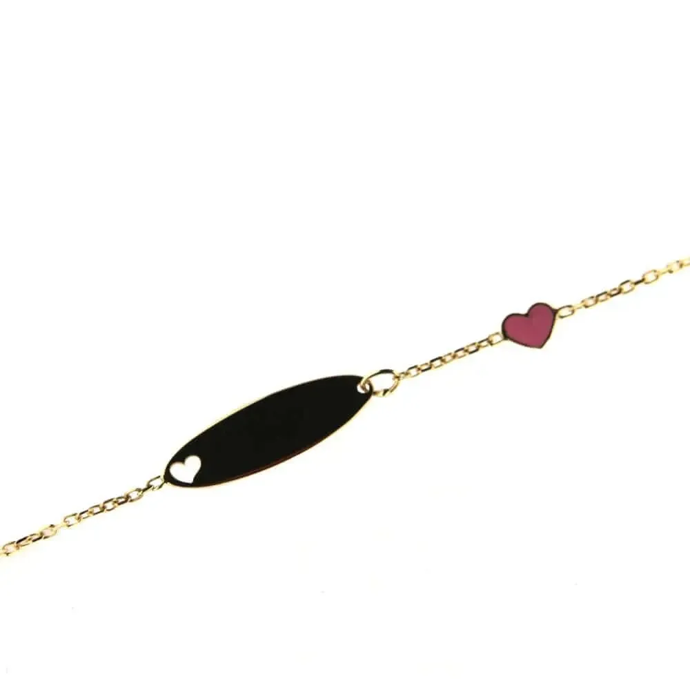 18K Gold Pink Enamel Heart & Cut Out Heart ID Bracelet