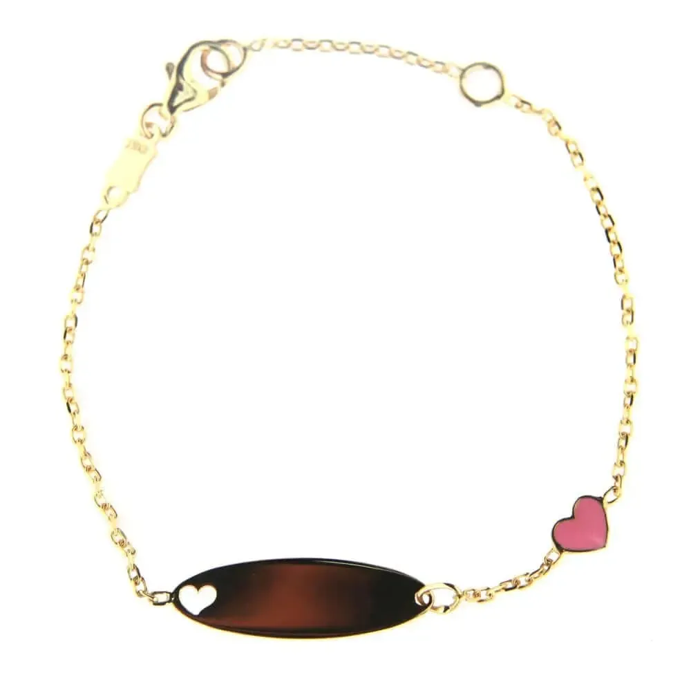 18K Gold Pink Enamel Heart & Cut Out Heart ID Bracelet