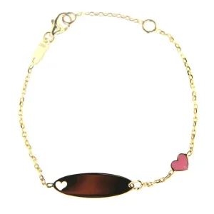 18K Gold Pink Enamel Heart & Cut Out Heart ID Bracelet