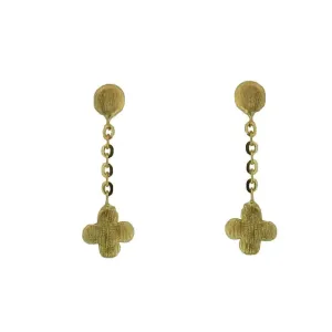18K Solid Yellow Gold Satin Finish Clover Dangle Earrings
