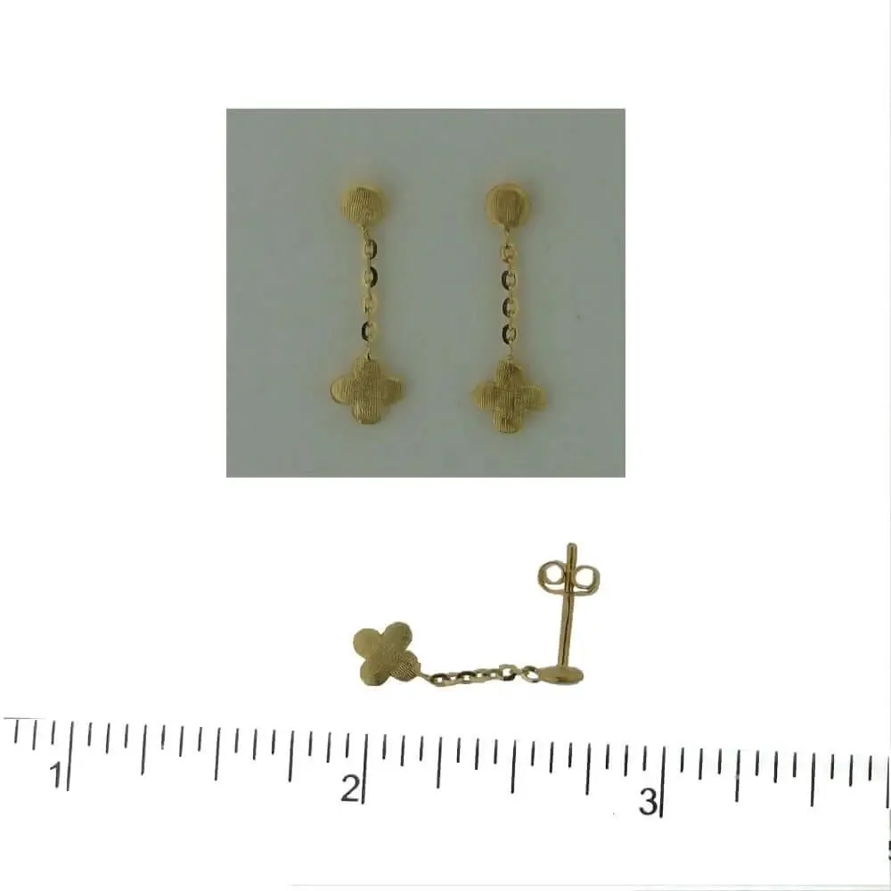 18K Solid Yellow Gold Satin Finish Clover Dangle Earrings