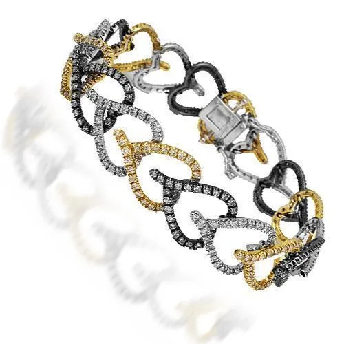 18K Tri Color Solid Gold Womens Diamond Heart Bracelet 4.46 Ctw